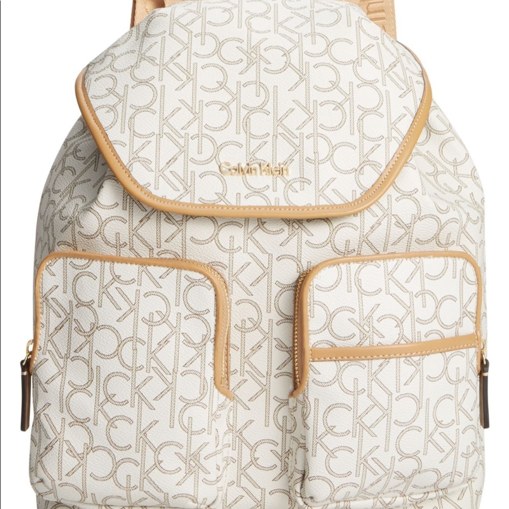 Calvin Kline Hudson monogram backpack bag cream color